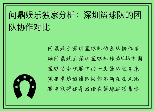问鼎娱乐独家分析：深圳篮球队的团队协作对比